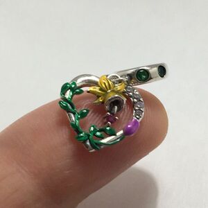 Sterling Silver 925 Charm Daffodil Flower Heart CZ Green Enamel For DIY Bracelet